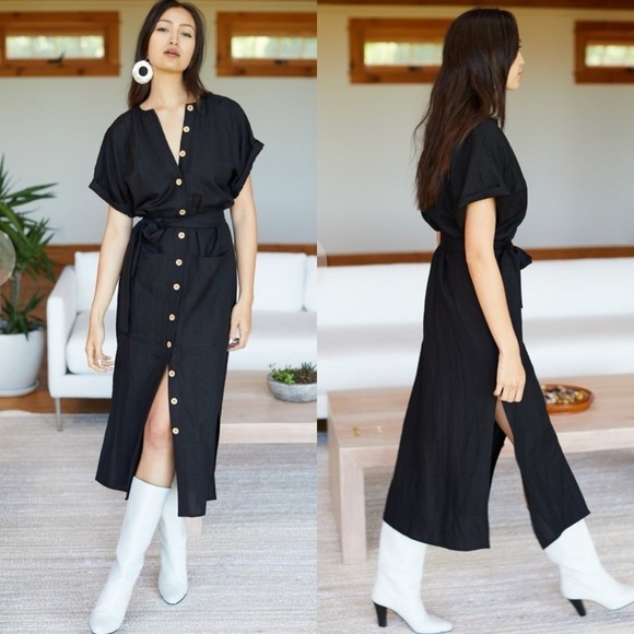 Emerson Fry Dresses & Skirts - Emerson Fry Desert Midi Dress Black Short Sleeve Full Button Front Linen Blend